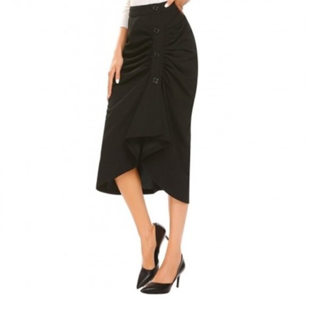 Zeagoo High Waisted Ruched Midi Skirt Black L